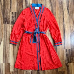 Red Orange Button-Front Wrap Dress with Blue Trim